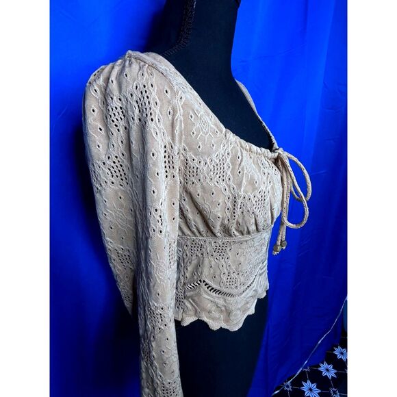 Womens Tan Milkmaid Long Sleeve Crop Top Sz S Cottagecore Peasant Ren Faire Boho - Picture 5 of 9